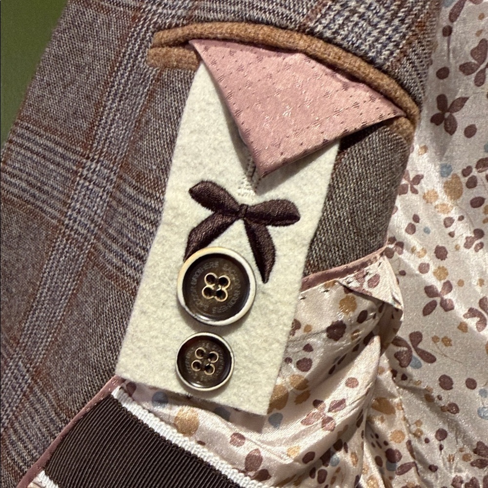 Sacoor Brothers Beige and Brown Plaid Blazer with Elbow Pads - Picture 8 of 11